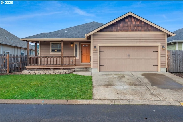 ranch-style home featuring a garage, concrete driveway, covered porch, fence, and a front yard