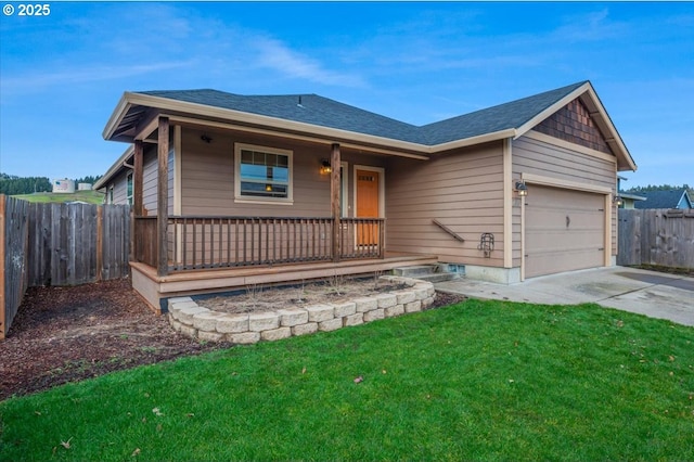 single story home with a garage, driveway, fence, a porch, and a front yard