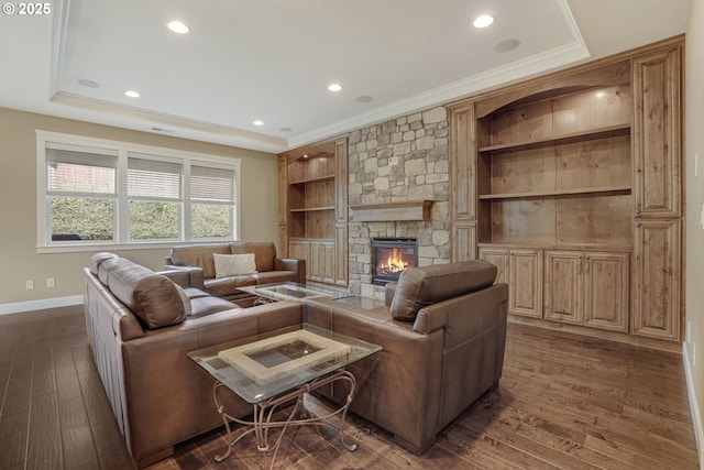 4506 NE 121st St, Vancouver, WA 98686 - living room with a stone fireplace, baseboards, dark wood-type flooring, crown molding, and recessed lighting