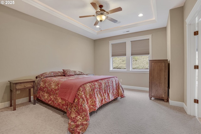 4506 NE 121st St, Vancouver, WA 98686 - bedroom featuring a tray ceiling, light colored carpet, baseboards, recessed lighting, and a ceiling fan