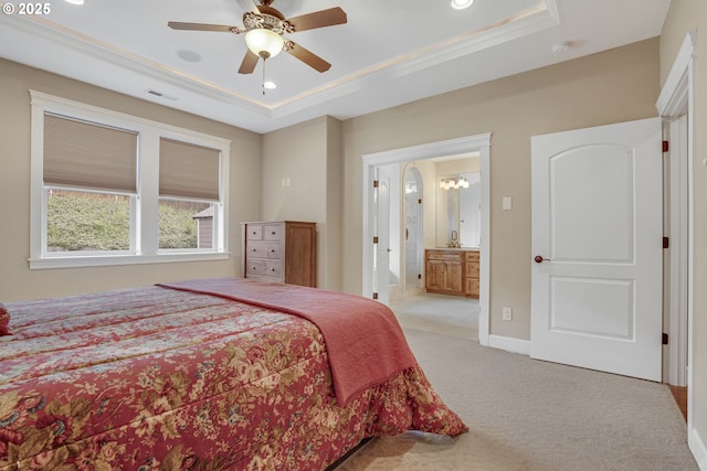 4506 NE 121st St, Vancouver, WA 98686 - bedroom featuring a tray ceiling, light carpet, ornamental molding, baseboards, and ensuite bathroom