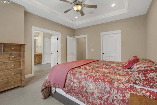 4506 NE 121st St, Vancouver, WA 98686 - bedroom with light carpet, a raised ceiling, recessed lighting, crown molding, and a ceiling fan