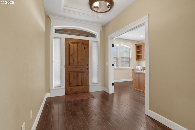 4506 NE 121st St, Vancouver, WA 98686 - foyer with dark wood-style floors, baseboards, ornamental molding, and a chandelier