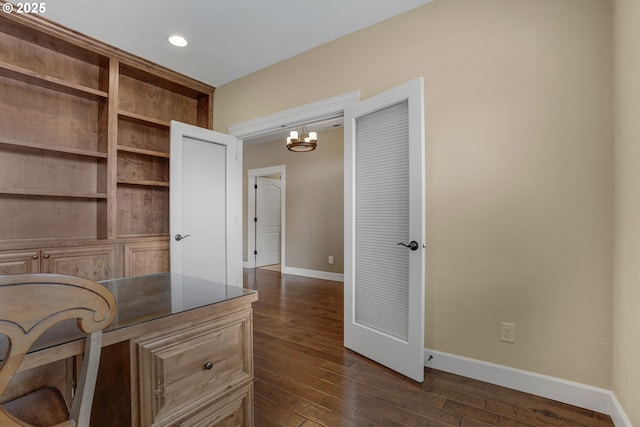 4506 NE 121st St, Vancouver, WA 98686 - home office with baseboards, a chandelier, dark wood finished floors, and recessed lighting