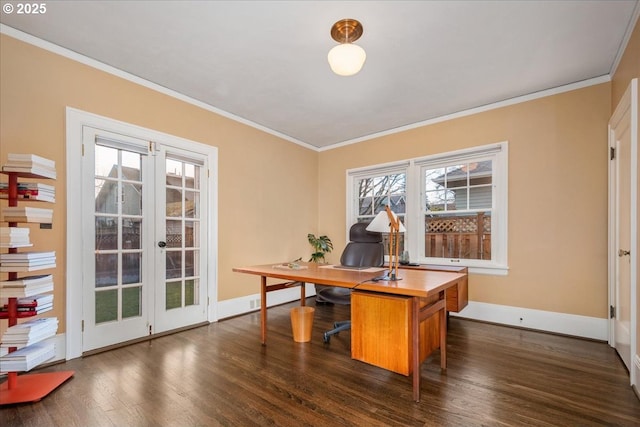 office area with baseboards, a healthy amount of sunlight, ornamental molding, and dark wood finished floors