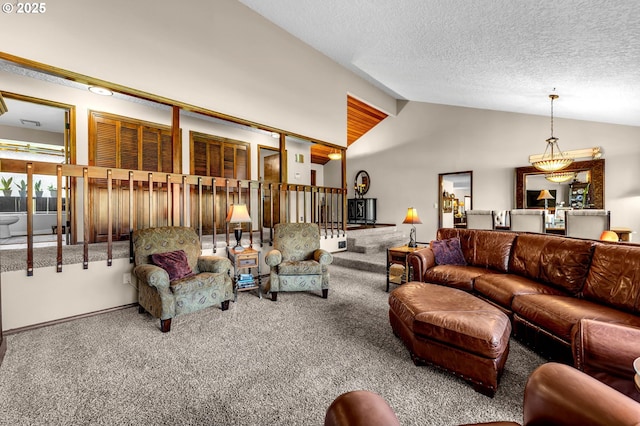 living area featuring carpet, vaulted ceiling, and a textured ceiling
