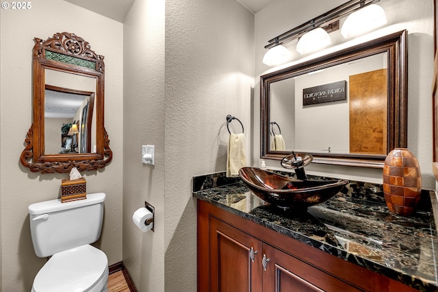 bathroom featuring toilet, a textured wall, and vanity