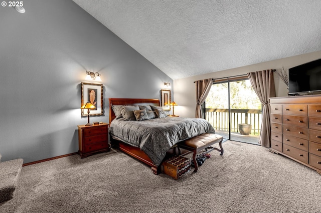 carpeted bedroom featuring access to exterior, a textured ceiling, vaulted ceiling, and baseboards