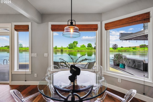 dining space featuring plenty of natural light, dark wood finished floors, a water view, and baseboards