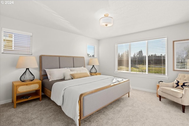 bedroom featuring light colored carpet