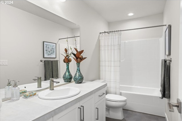 full bathroom featuring vanity, shower / bathtub combination with curtain, and toilet