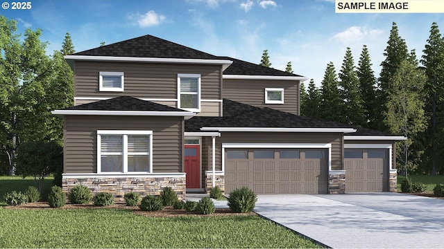 view of front of property with stone siding, roof with shingles, concrete driveway, and a front yard