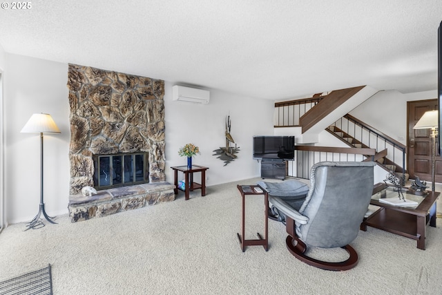 540 Montara Way, Eugene, OR 97405 - living room featuring a wall mounted air conditioner, carpet flooring, a textured ceiling, stairway, and a fireplace