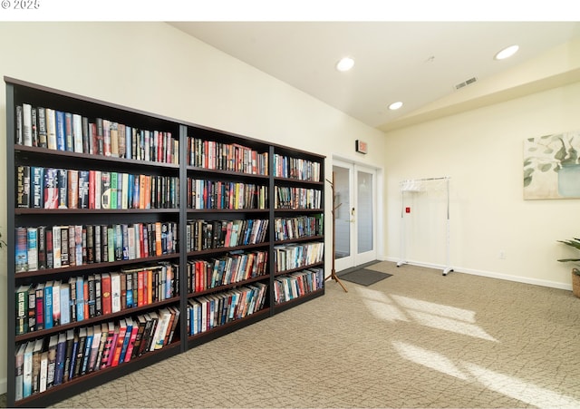 misc room with visible vents, baseboards, carpet flooring, recessed lighting, and french doors