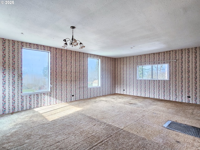 unfurnished room featuring plenty of natural light, carpet, and a textured ceiling