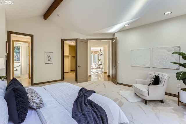 bedroom featuring vaulted ceiling with beams, light colored carpet, an inviting chandelier, and a spacious closet