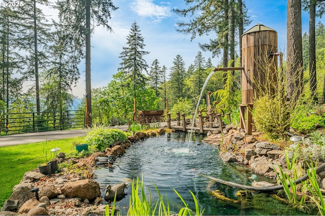 view of property's community with a garden pond