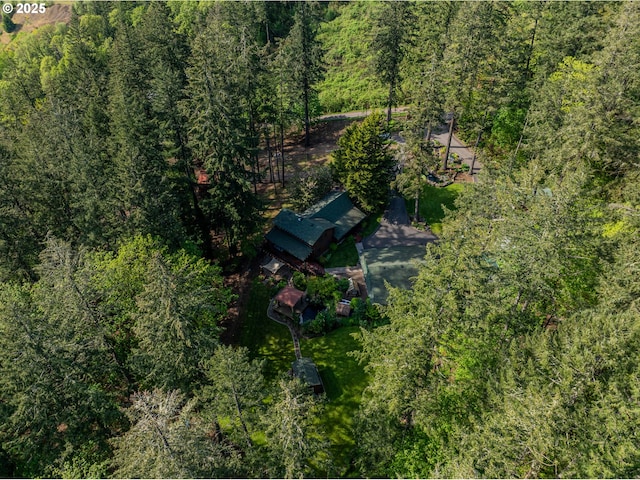 drone / aerial view featuring a wooded view