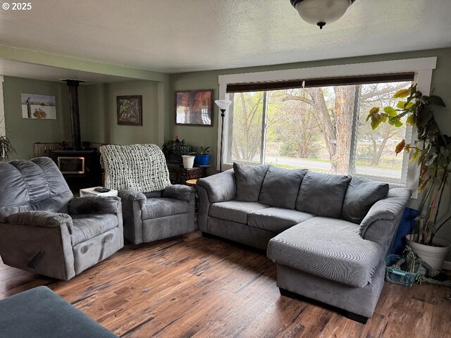 living area with a healthy amount of sunlight, a wood stove, and wood finished floors