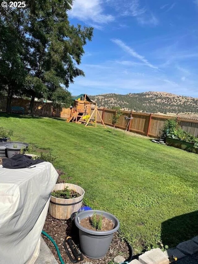 view of yard with a playground, a mountain view, and a fenced backyard