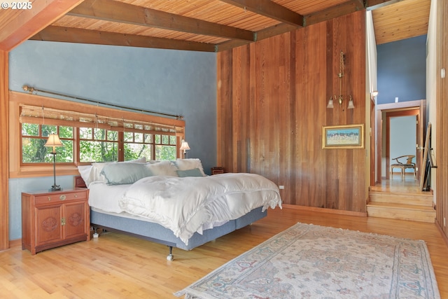 86595 N Modesto Dr, Eugene, OR 97402 - bedroom featuring wood ceiling with exposed beams, light wood finished floors, and wood walls