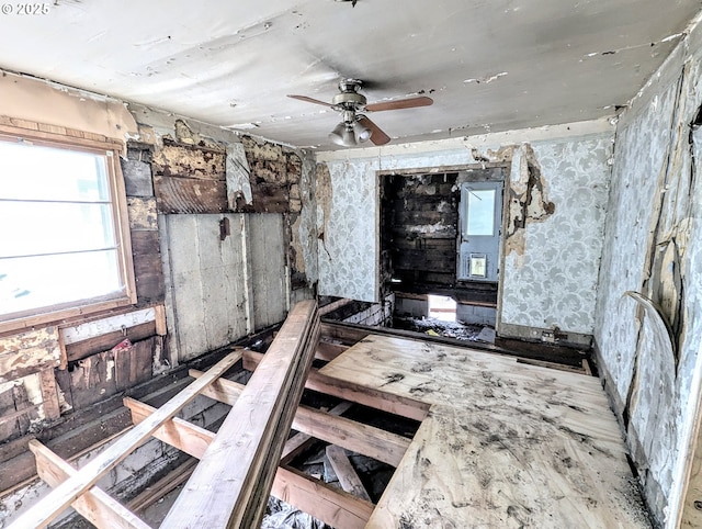 1018 Y Ave, La Grande, OR 97850 - interior space with ceiling fan and wallpapered walls