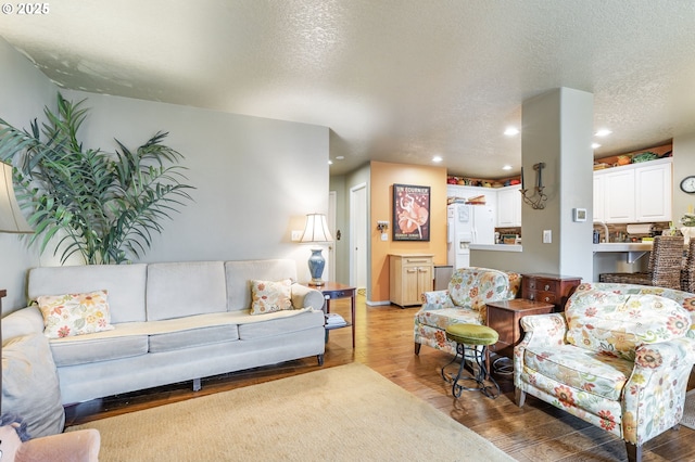 living room featuring light hardwood / wood-style floors and a textured ceiling