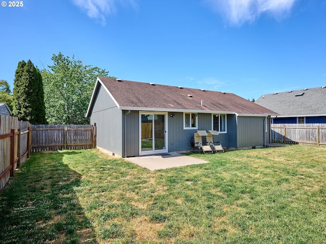 1201 Meadow Dr, Molalla, OR 97038 - rear view of house featuring a fenced backyard, a patio area, and roof with shingles