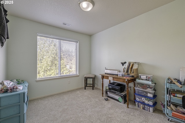 office area with light colored carpet and a textured ceiling