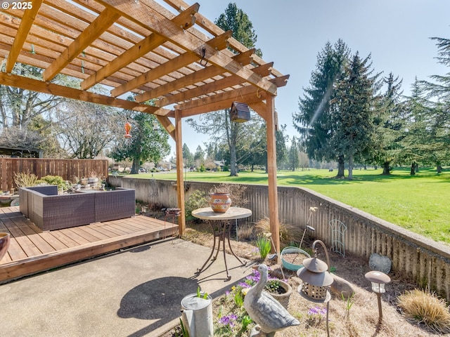 view of patio featuring outdoor lounge area, a fenced backyard, a pergola, and a wooden deck