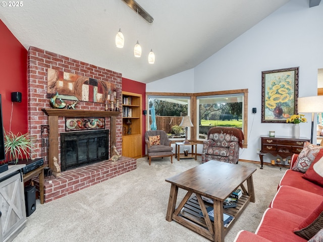 living room featuring baseboards, carpet floors, high vaulted ceiling, and a fireplace