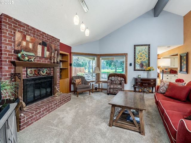 carpeted living area with beam ceiling, high vaulted ceiling, and a brick fireplace