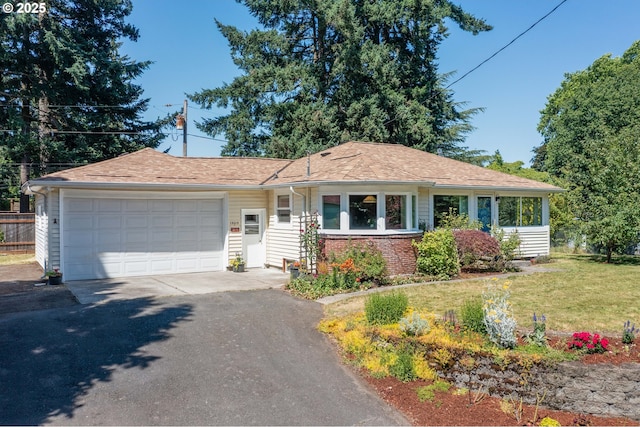 13015 E Burnside St, Portland, OR 97233 - ranch-style home featuring driveway, an attached garage, a front yard, and brick siding