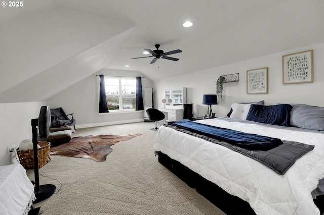 3730 Hemlock Pl SE, Albany, OR 97322 - bedroom featuring vaulted ceiling, carpet floors, recessed lighting, baseboards, and a ceiling fan