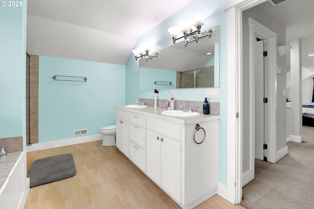 bathroom with vaulted ceiling, hardwood / wood-style flooring, vanity, a shower with door, and a textured ceiling