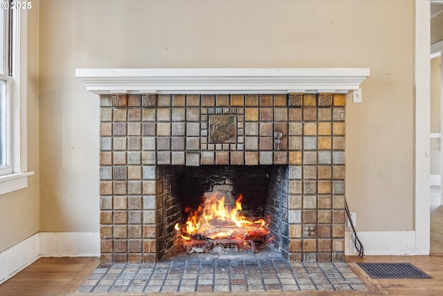 room details with wood-type flooring and a fireplace