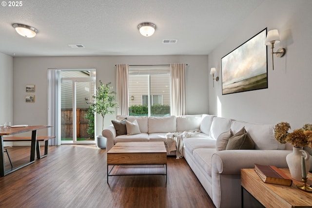 living room with dark hardwood / wood-style flooring, a textured ceiling, and a wealth of natural light