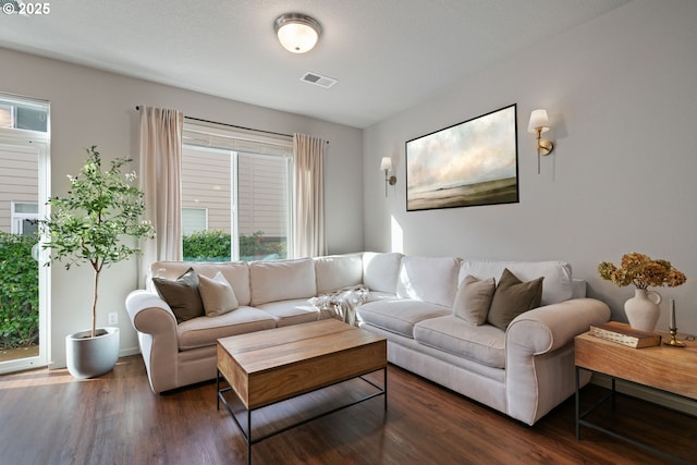 living room featuring a wealth of natural light and dark hardwood / wood-style flooring