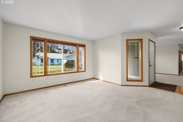 empty room featuring light colored carpet and a textured ceiling