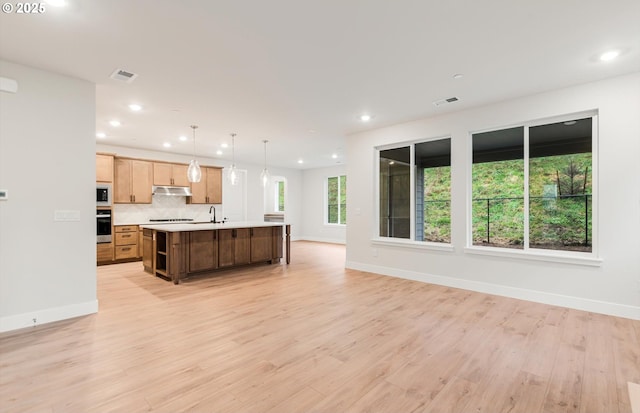 366 S 87th Ave, Ridgefield, WA 98642 - kitchen with under cabinet range hood, stainless steel oven, light wood-style floors, light countertops, and a sink