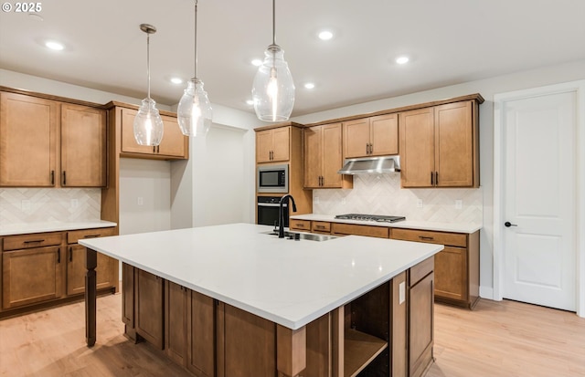 366 S 87th Ave, Ridgefield, WA 98642 - kitchen featuring appliances with stainless steel finishes, light wood finished floors, a sink, backsplash, and under cabinet range hood