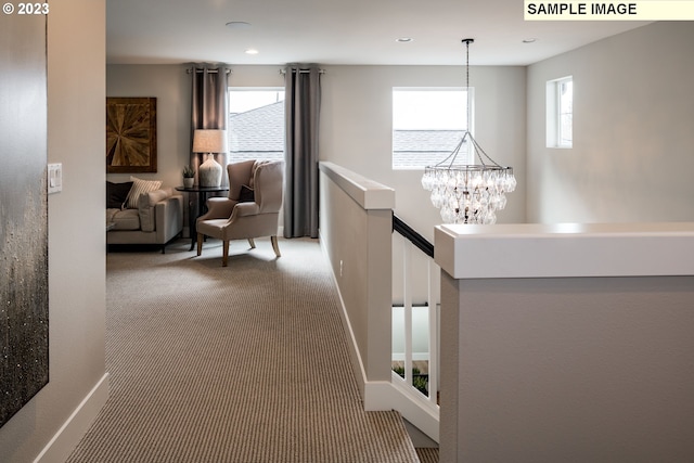 366 S 87th Ave, Ridgefield, WA 98642 - hall with an upstairs landing, carpet, a chandelier, recessed lighting, and baseboards