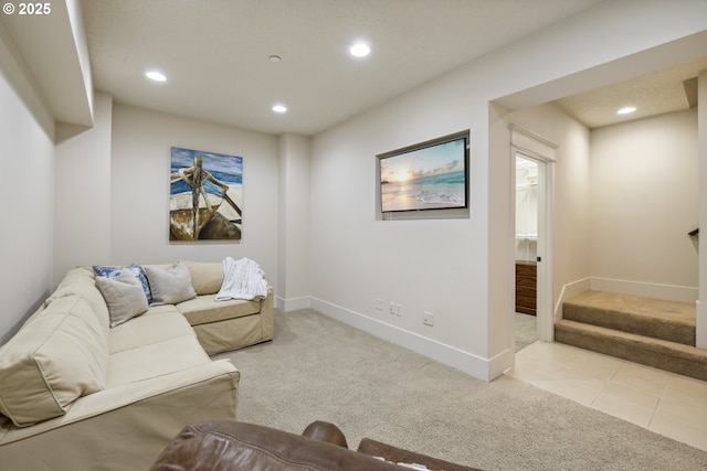 10135 SW Morrison St, Portland, OR 97225 - carpeted living room featuring recessed lighting, stairs, and baseboards