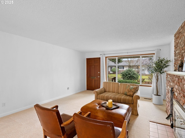 carpeted living room with a textured ceiling and a brick fireplace