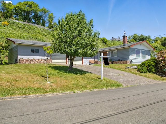 450 Pleasant Ave, Astoria, OR 97103 - view of front of property with a front yard, asphalt driveway, and a chimney