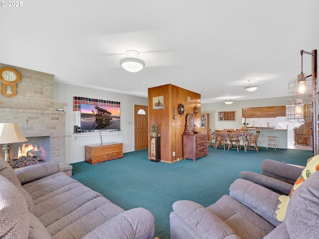 450 Pleasant Ave, Astoria, OR 97103 - carpeted living room featuring a brick fireplace