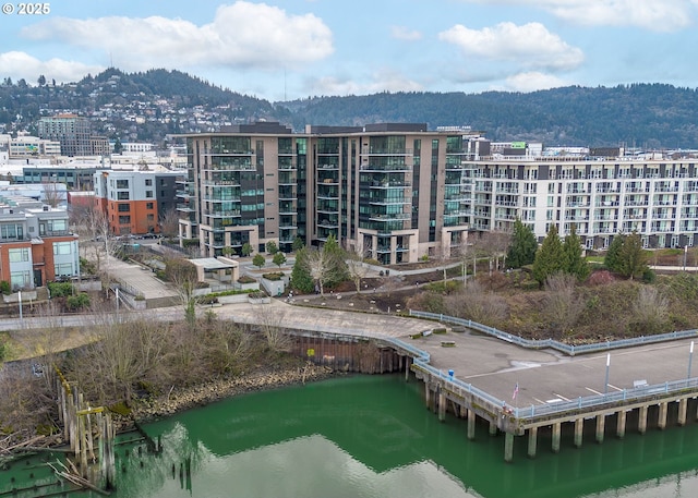 bird's eye view with a water view