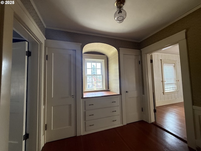 880 E 2nd St, Coquille, OR 97423 - hall featuring dark wood finished floors and crown molding