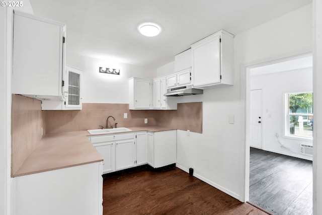 kitchen with backsplash, white cabinetry, dark wood-style floors, and a sink