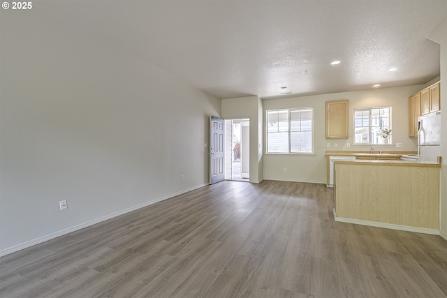 1115 NE 86th Way, Hillsboro, OR 97006 - unfurnished living room featuring wood finished floors, a sink, recessed lighting, a textured ceiling, and baseboards